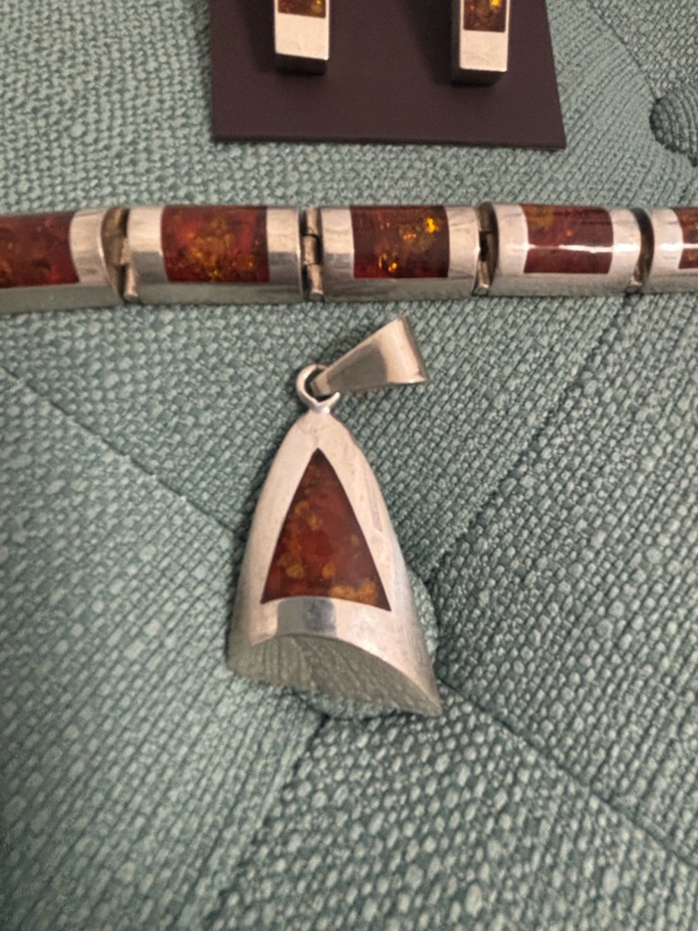 Sterling Silver Amber Inlay Bracelet and Pendant Set - Brown Amber - Picture 2 of 8